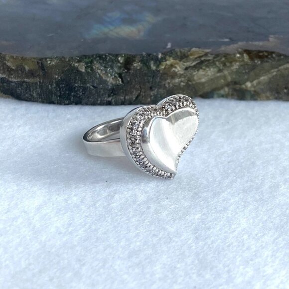 Sterling Silver 925 Cubic Zirconia Polished Modernist Asymmetric Heart Ring 6.75 - Picture 3 of 16